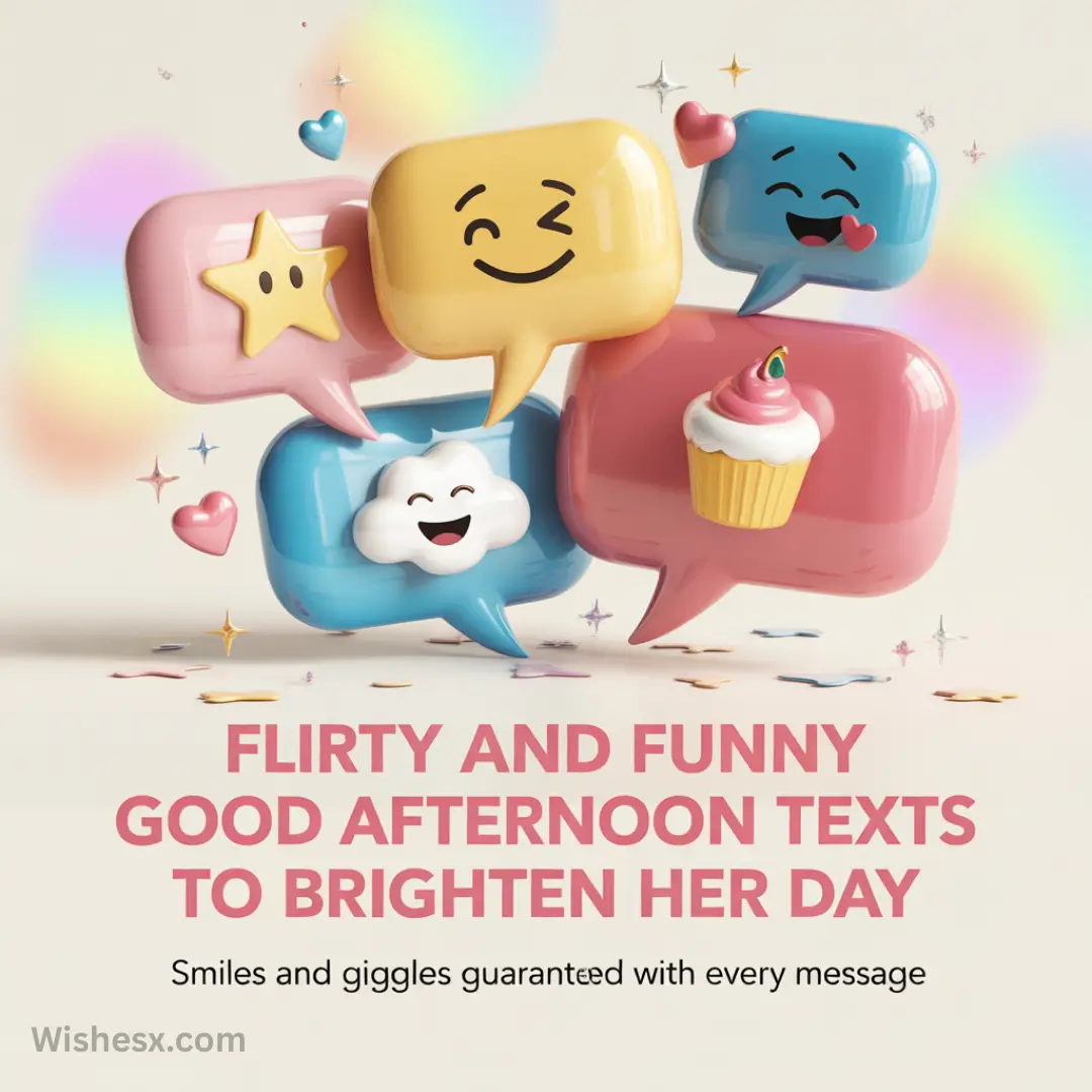 Colorful 3D speech bubbles with smiling emojis, star, cloud, and cupcake float against a pastel background. Text reads: "Flirty and Funny Good Afternoon Texts to Brighten Her Day."