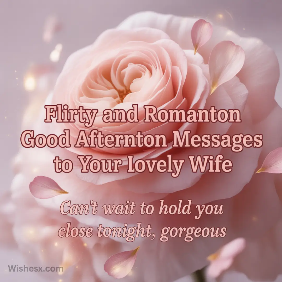 A soft pink rose with delicate petals is surrounded by falling petals. Text reads "Flirty and Romantic Good Afternoon Messages to Your Lovely Wife. Can't wait to hold you close tonight, gorgeous." Elegantly romantic tone.