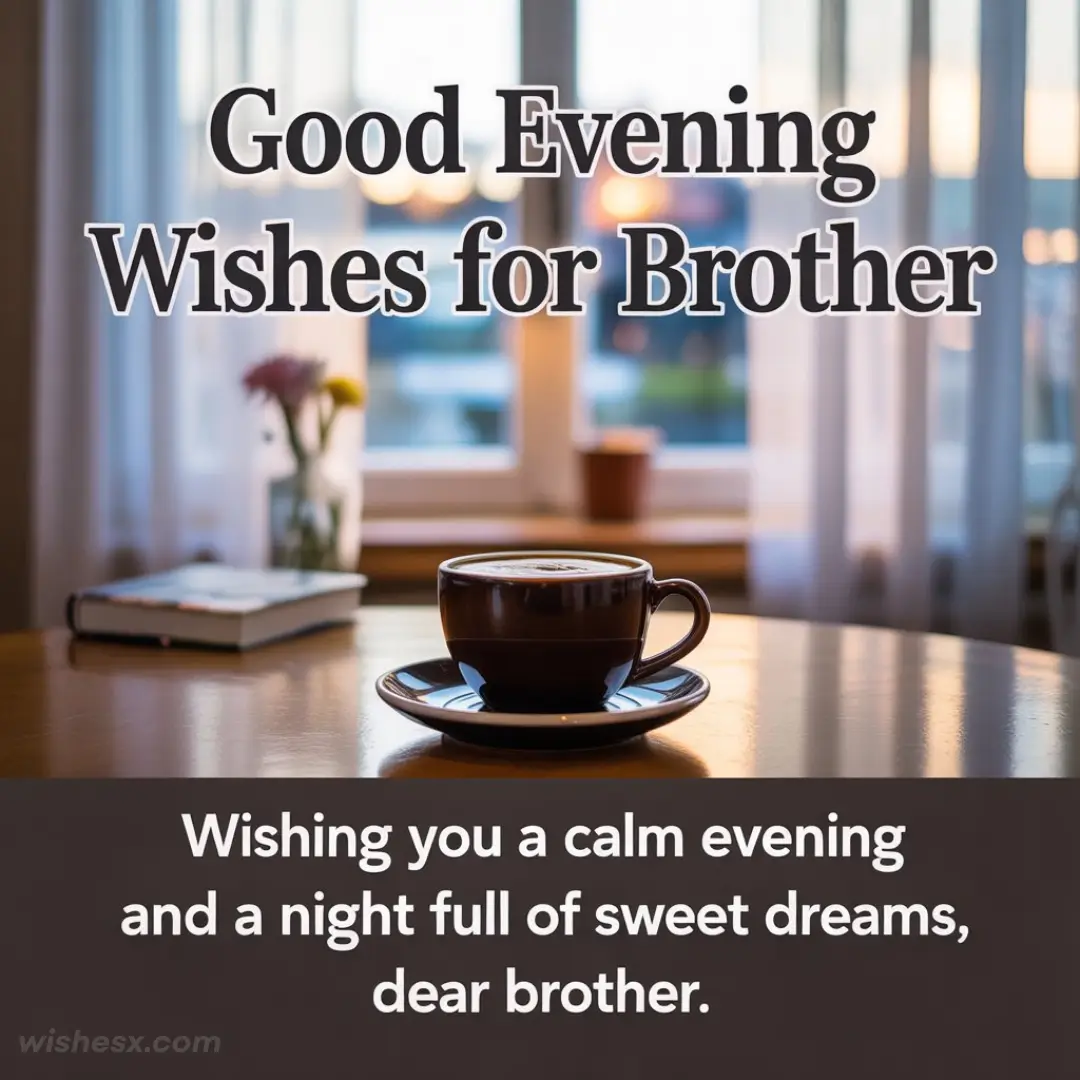 Cup of coffee on a table in cozy evening light with text "Good Evening Wishes for Brother" and "Wishing you a calm evening and sweet dreams."