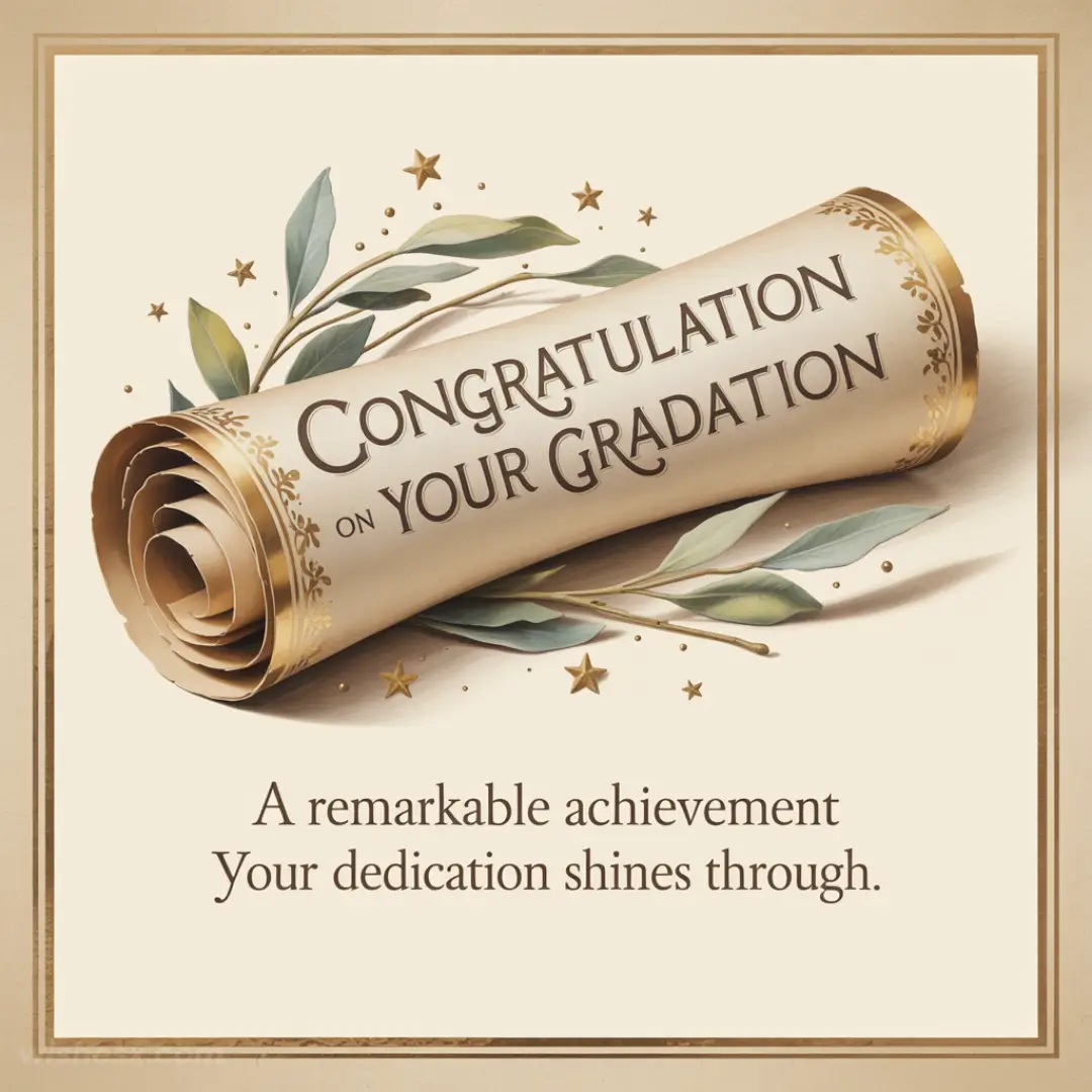Rolled-up diploma with gold trim surrounded by green leaves and gold stars. Text reads, "Congratulations on your graduation. A remarkable achievement. Your dedication shines through."