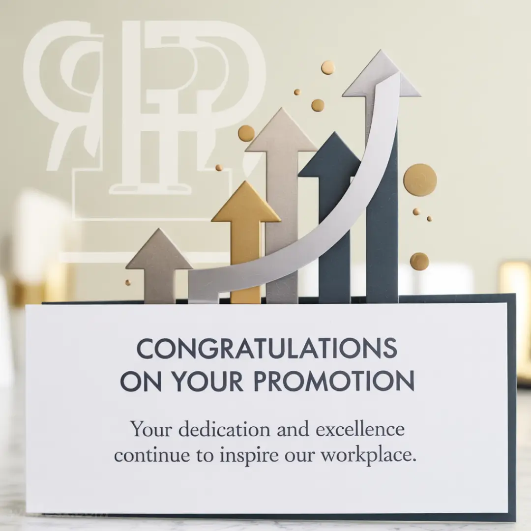A congratulatory card with rising arrows symbolizing growth, featuring the text, "Congratulations on your promotion." The tone is celebratory and inspiring.