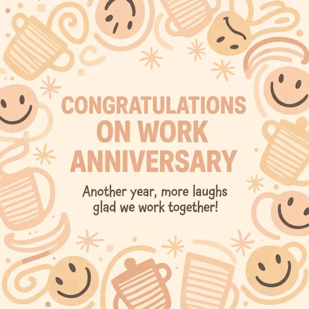 Celebratory work anniversary card with smiling coffee cups and swirling steam patterns. Text reads: "Congratulations on Work Anniversary. Another year, more laughs—glad we work together!"