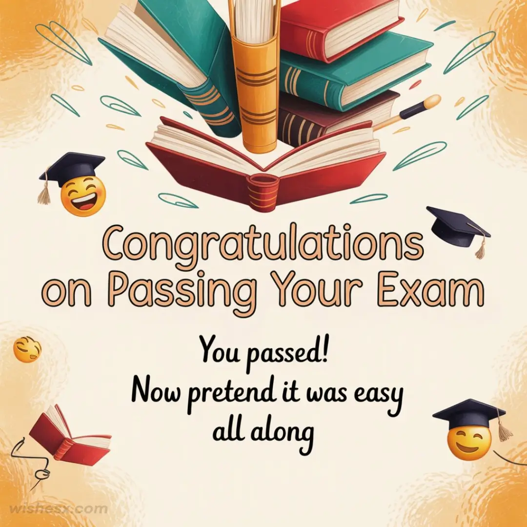 Congratulations card with floating books, graduation caps, and laughing emoji faces. Text reads, "Congratulations on Passing Your Exam. You passed! Now pretend it was easy all along." Playful tone.