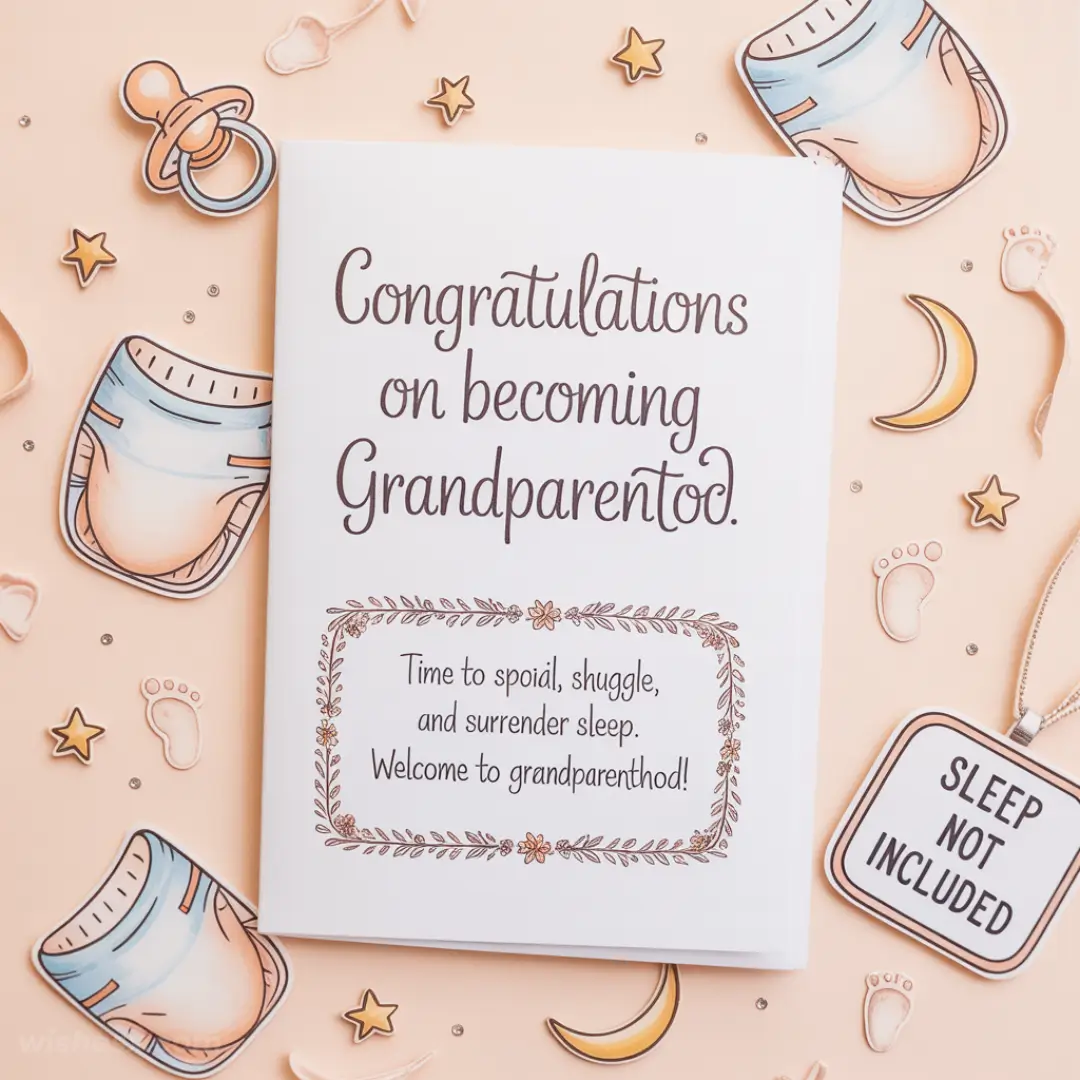 Greeting card with the message "Congratulations on becoming Grandparents." Surrounded by baby-themed illustrations like diapers, pacifiers, and stars.