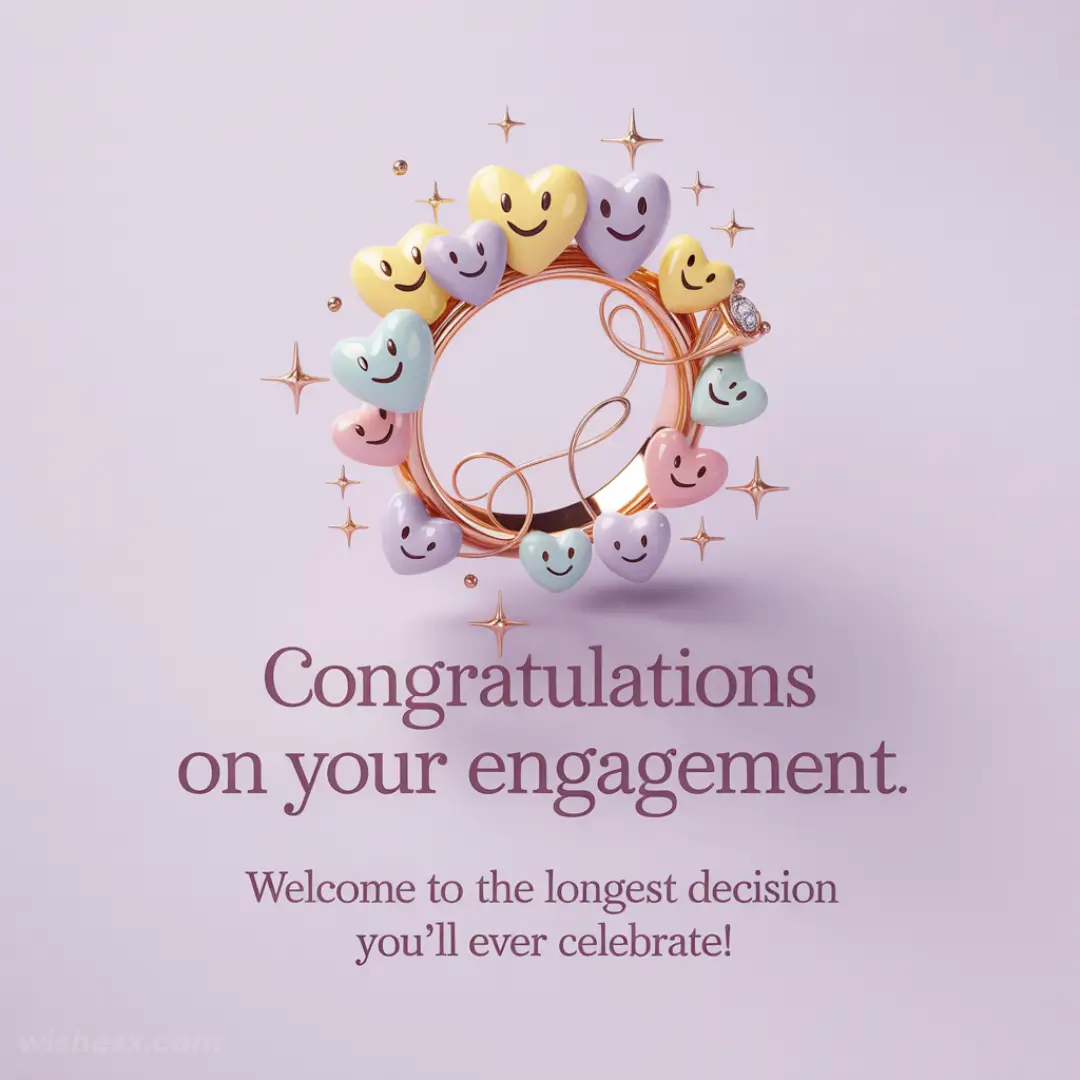 Heart-shaped balloons with smiley faces form a circle around a golden engagement ring, with text: "Congratulations on your engagement." The tone is joyful and celebratory.