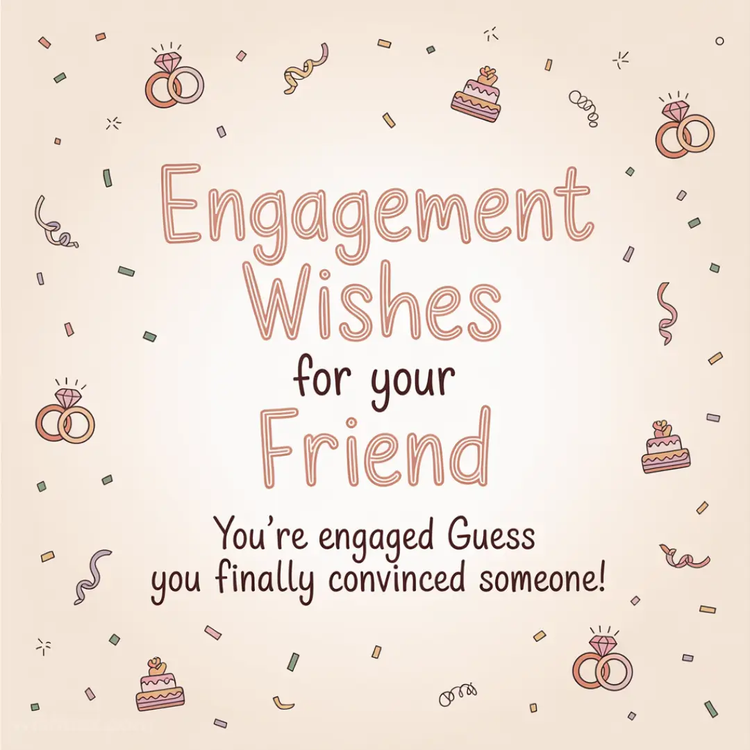 Engagement card with playful text: "Engagement Wishes for your Friend. You’re engaged. Guess you finally convinced someone!" Surrounded by rings, cake, and confetti.
