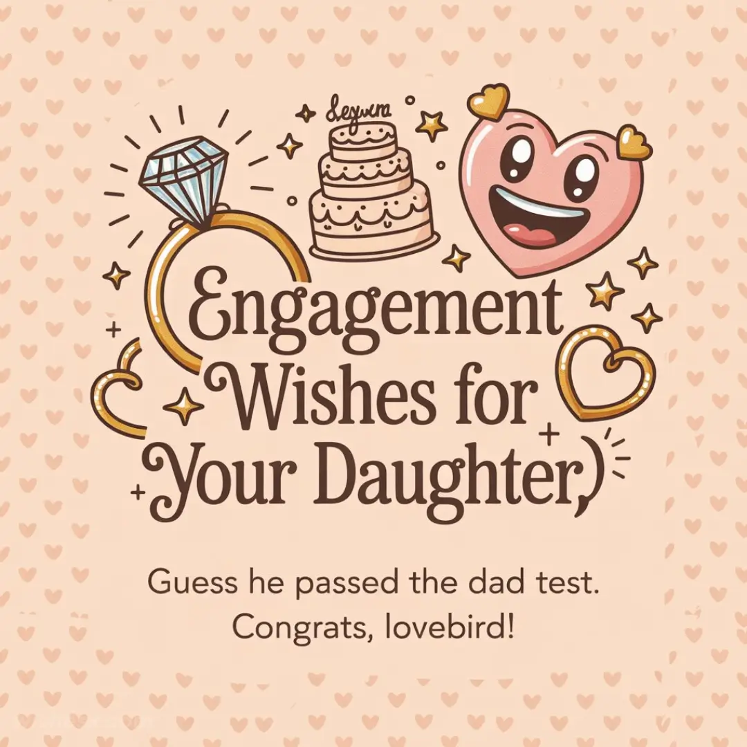Engagement card with a diamond ring, cake, and heart emoji. Text reads: "Engagement Wishes for Your Daughter." Background of small hearts. Celebratory tone.