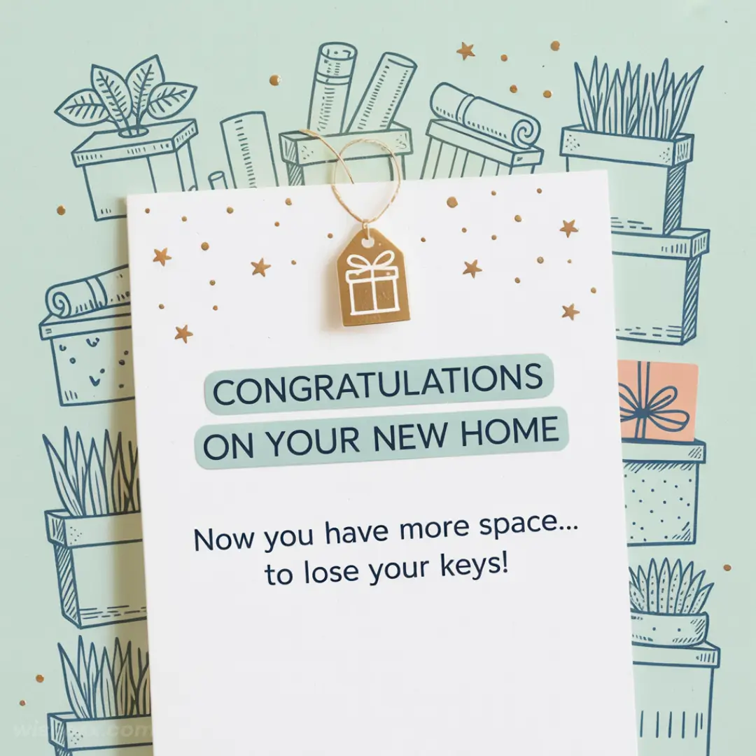 A card with a "Congratulations on Your New Home" message, playful tone. Background shows doodles of gift boxes and plants, with stars and dots.