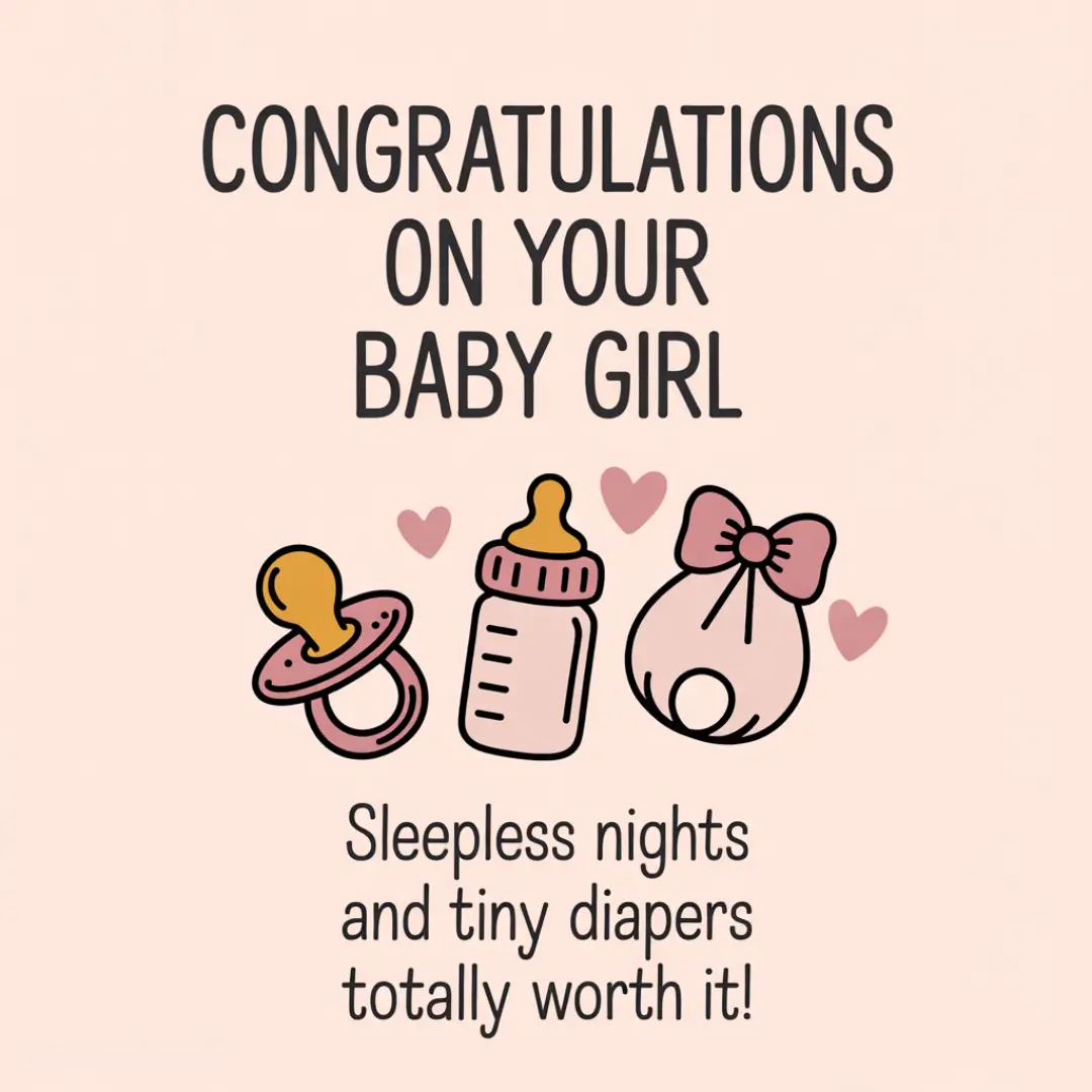 Congratulations card for a baby girl on a pink background. Features a pacifier, baby bottle, rattle with a bow, and hearts. Text reads, "Sleepless nights and tiny diapers totally worth it!"
