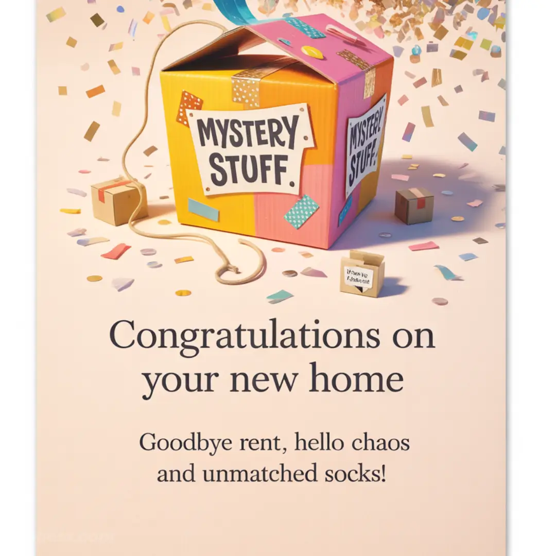 A colorful "Mystery Stuff" box opens amid confetti. Text reads, "Congratulations on your new home. Goodbye rent, hello chaos and unmatched socks!" Festive and playful.