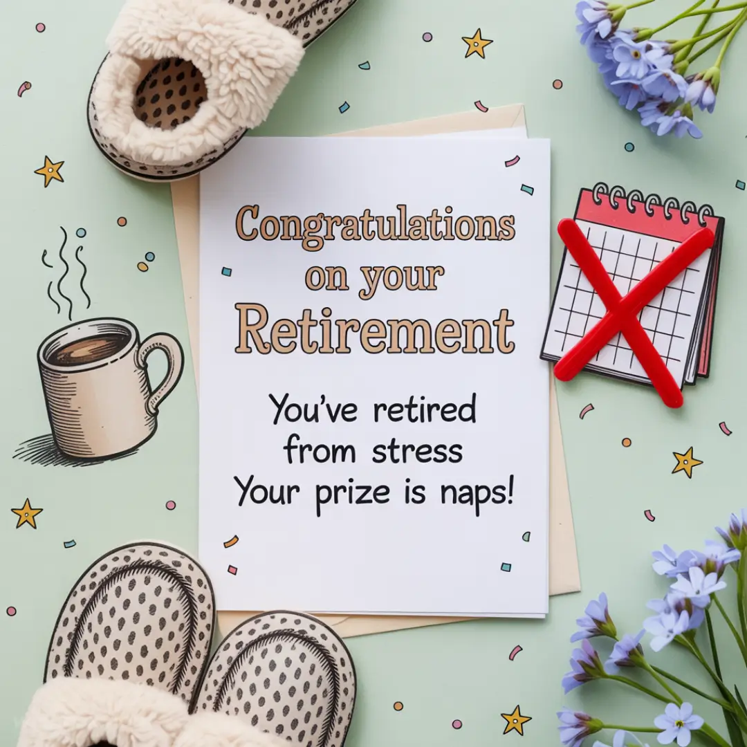 Retirement card with slippers, coffee, and flowers. Text reads, "Congratulations on your Retirement. You've retired from stress. Your prize is naps!"