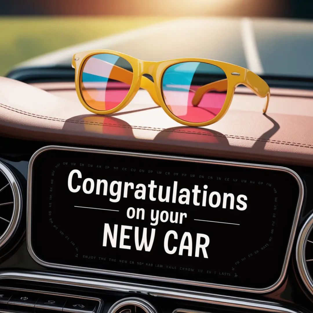 Yellow sunglasses with rainbow lenses sit on a car dashboard. The display reads "Congratulations on your new car," conveying excitement and celebration.
