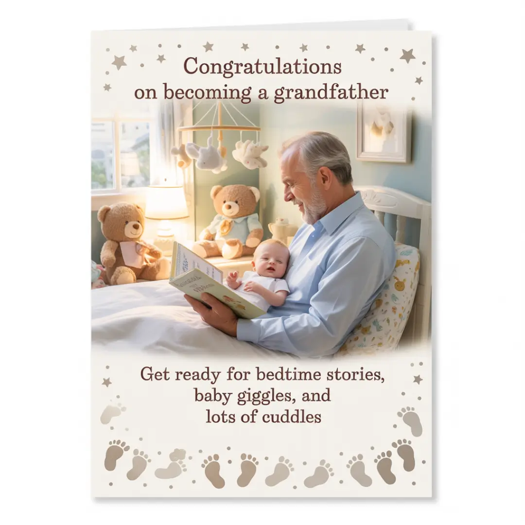 Grandfather reading to a baby boy in a cozy nursery with stuffed bears and a mobile. Message: "Congratulations on becoming a grandfather."