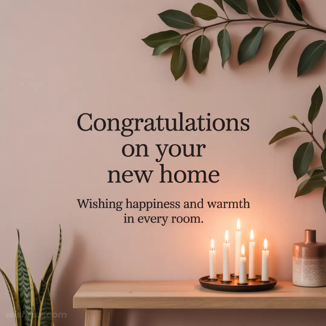 A warm greeting card with the text "Congratulations on your new home" on a soft pink background. Candles and green leaves create a cozy atmosphere.
