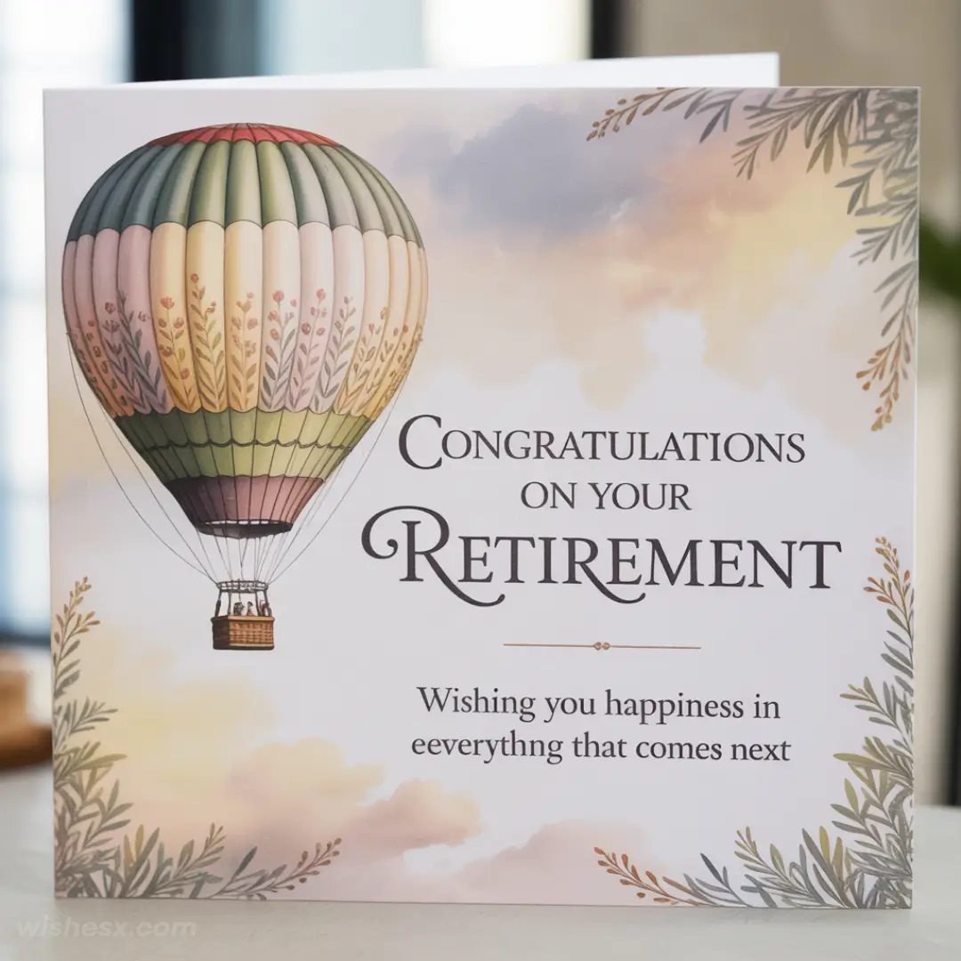 Greeting card with a hot air balloon against a pastel sky. Text: "Congratulations on Your Retirement. Wishing you happiness in everything that comes next."