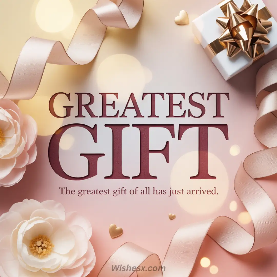Pink and gold themed image with "Greatest Gift" text. Features a white gift box with a gold bow, pink ribbons, flowers, and small hearts. Elegant and celebratory.