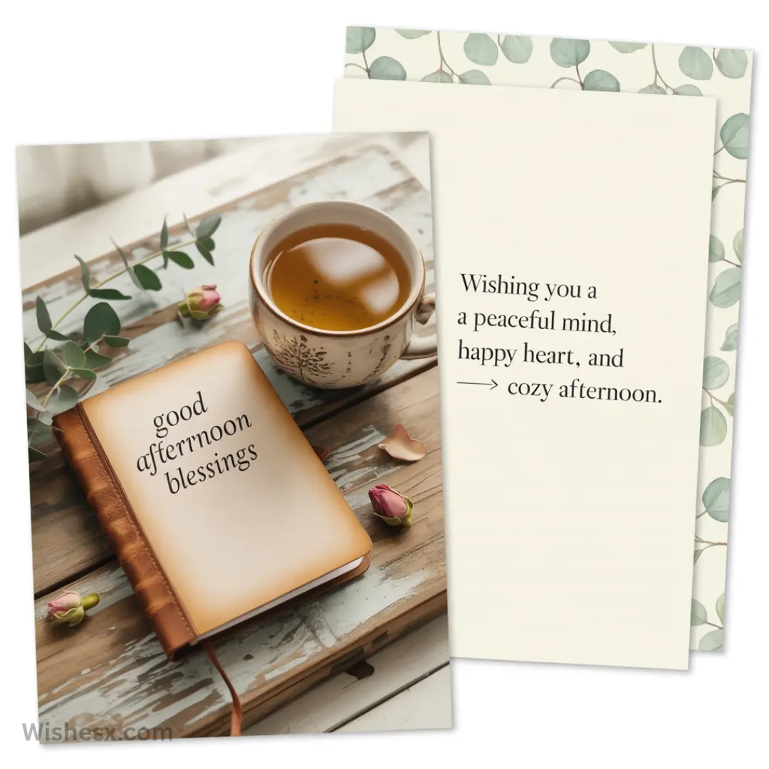 A journal with "good afternoon blessings" sits next to a teacup on a rustic table, with rosebuds and leaves adding a serene vibe. A card reads, "Wishing you a peaceful mind, happy heart, and cozy afternoon."