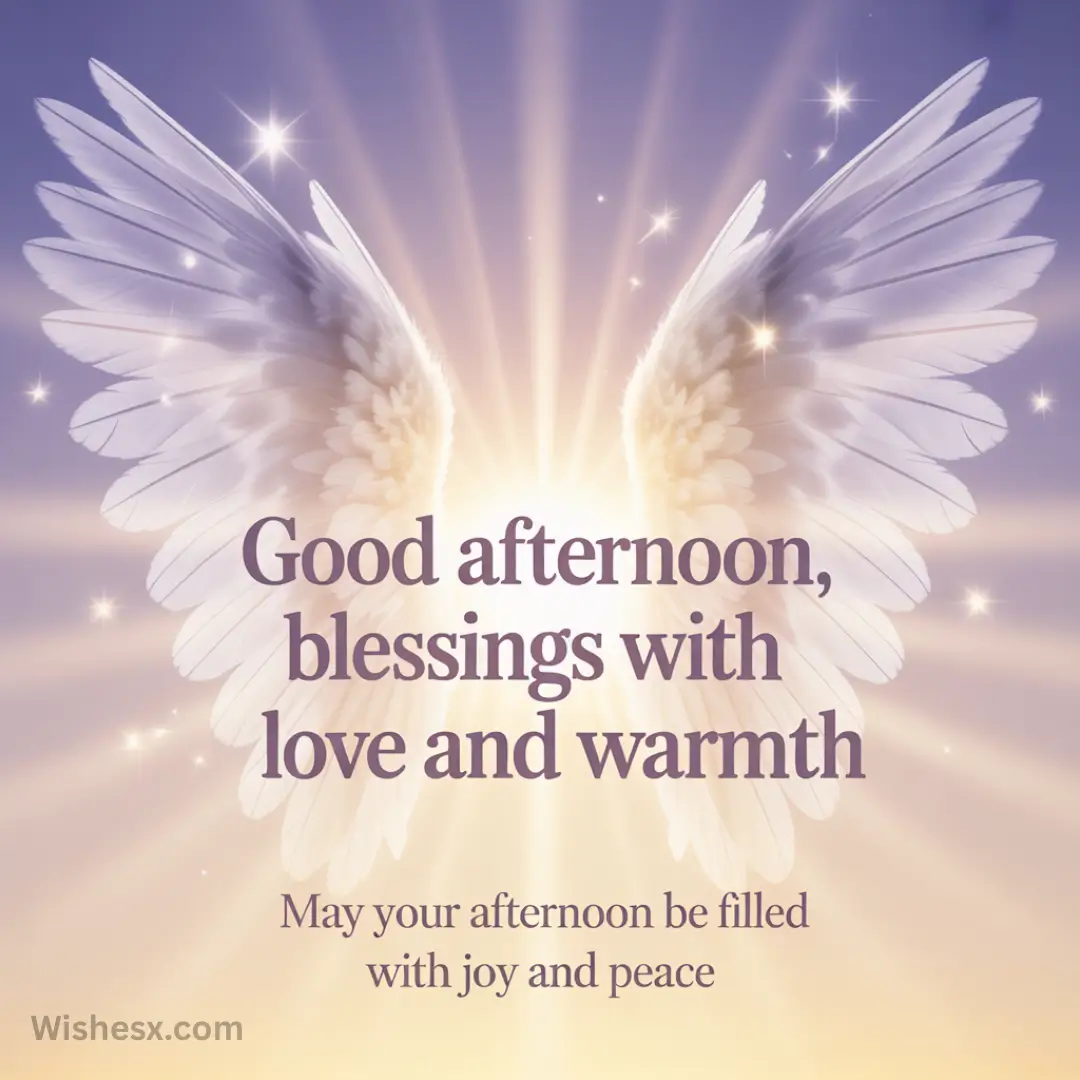 Angelic wings with radiant light beams form a backdrop to the text, "Good afternoon, blessings with love and warmth," conveying peace and positivity.
