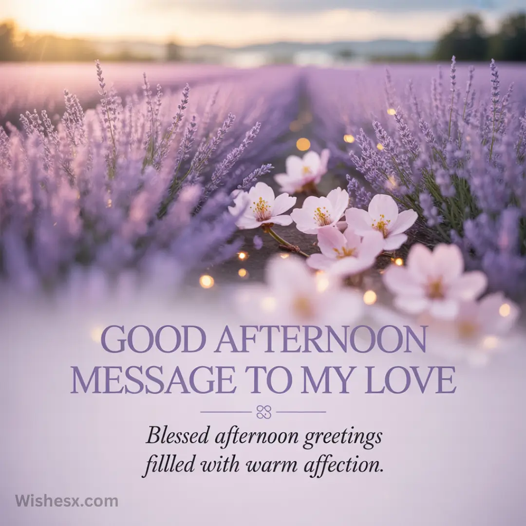 Lavender fields at sunset with soft pink cherry blossoms in the foreground. Text reads: "Good afternoon message to my love" creating a romantic, serene mood.