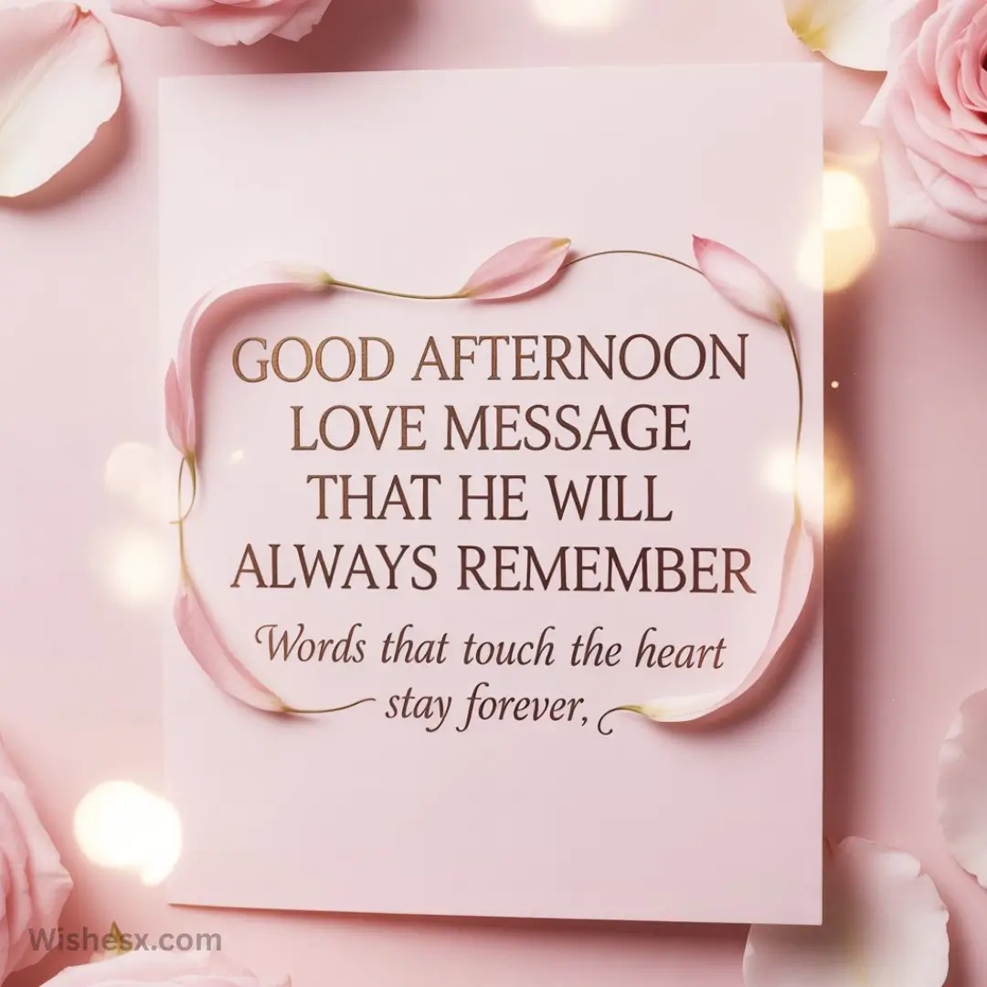 A pink card surrounded by rose petals reads, "Good afternoon love message that he will always remember. Words that touch the heart stay forever." Romantic and soft ambiance.
