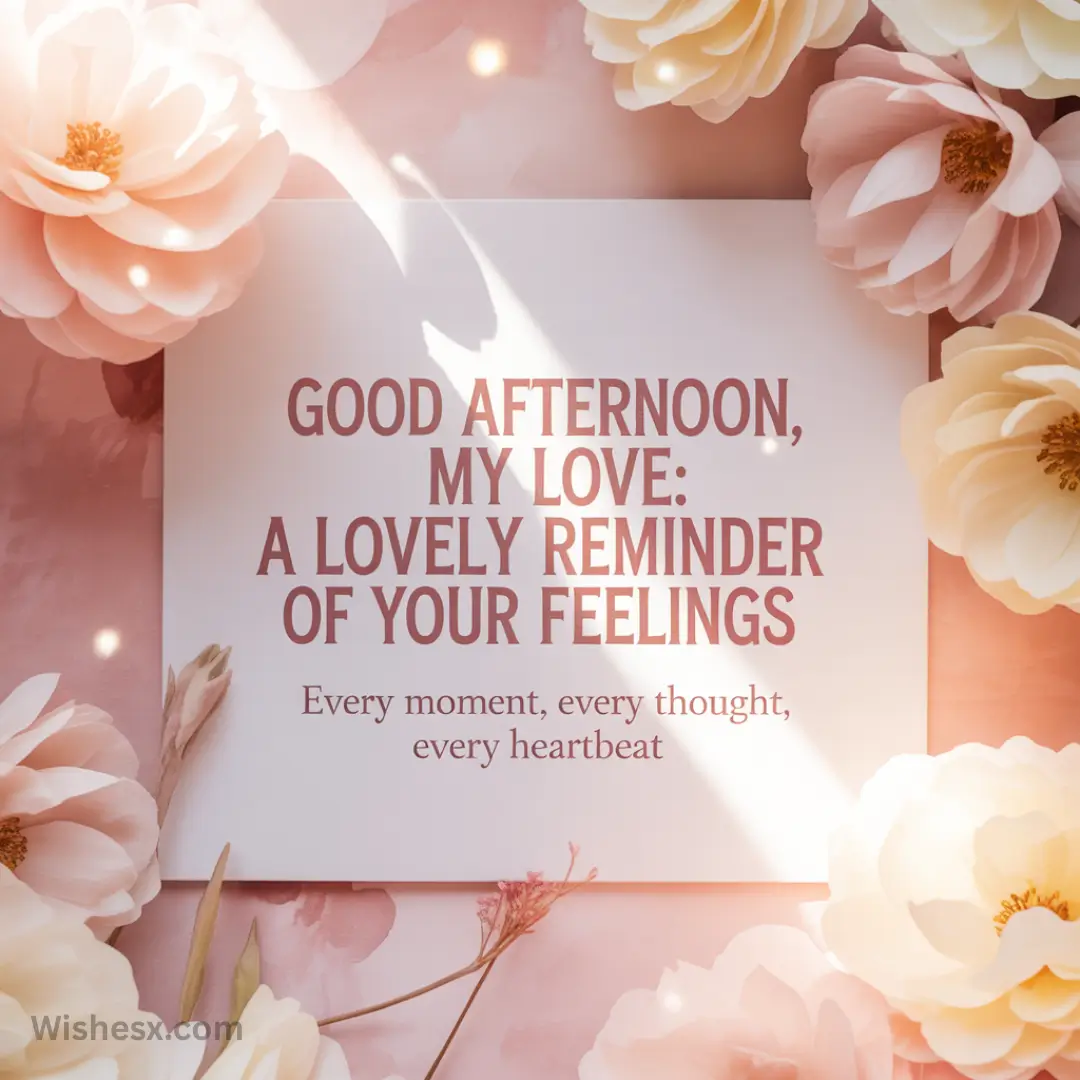 A heartfelt card surrounded by delicate pink and cream flowers with the message, "Good afternoon, my love: A lovely reminder of your feelings."
