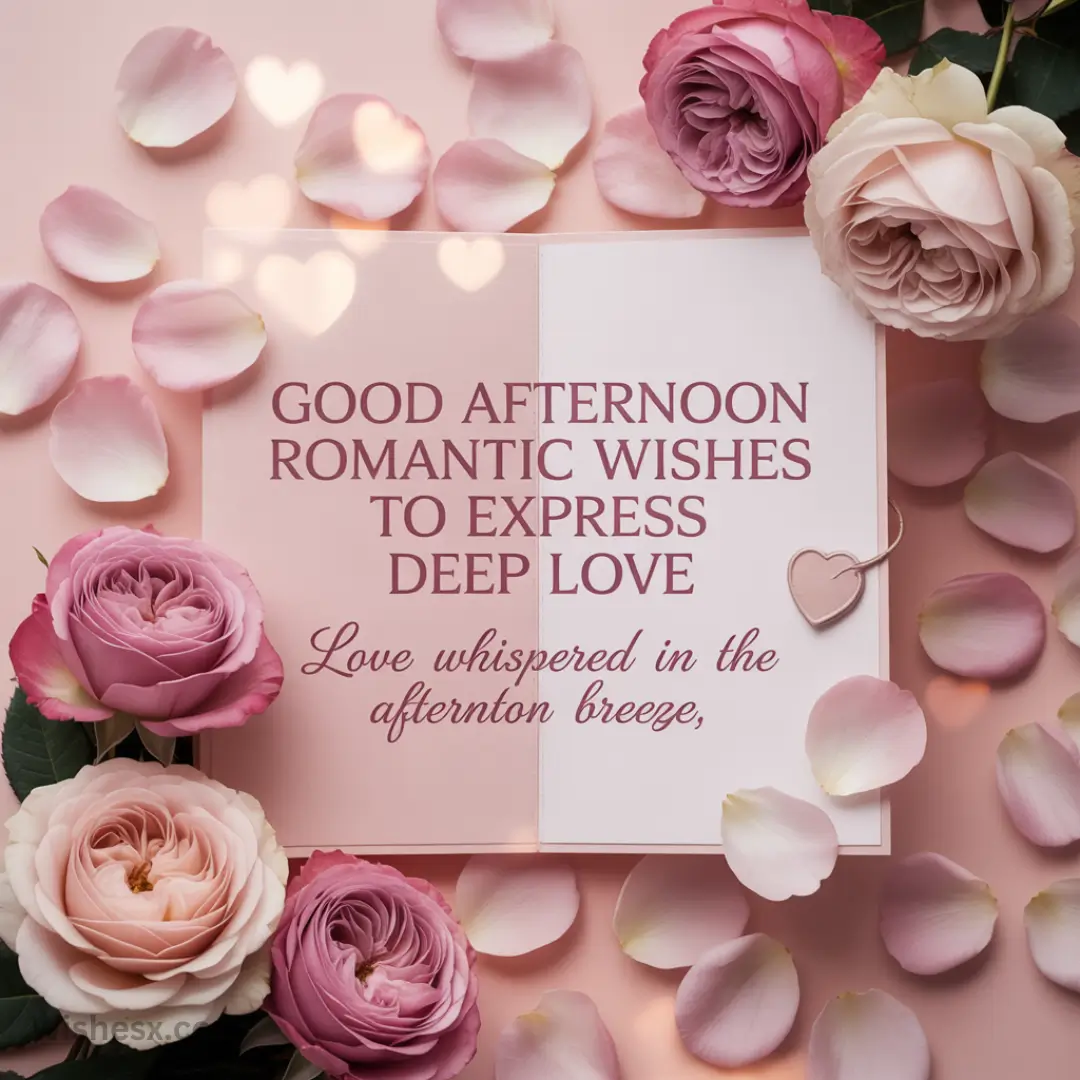 A card on a background of pink roses and petals with text: "Good Afternoon Romantic Wishes to Express Deep Love." Heart shapes add a soft, warm tone.