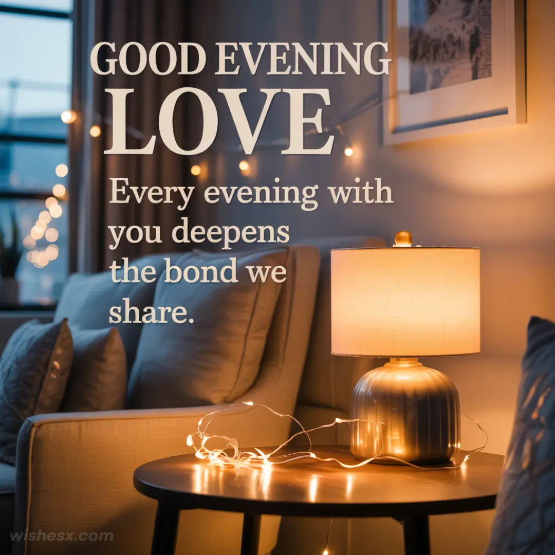 A cozy living room with a glowing lamp and string lights. Text reads, "Good evening love. Every evening with you deepens the bond we share." Warm and inviting.