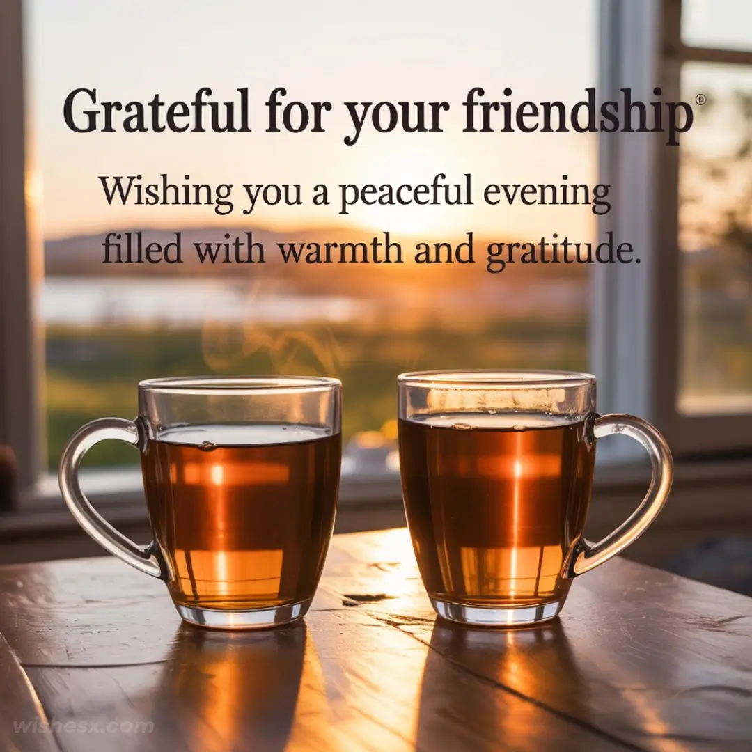 Two steaming mugs of tea on a table by a window, with a sunset view. Text reads, "Grateful for your friendship. Wishing you a peaceful evening."