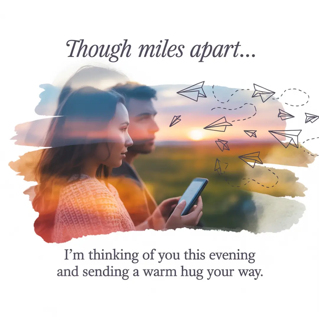 A serene image of a woman and man gazing at a smartphone. Paper planes fly across a sunset sky. Text: "Though miles apart...sending a warm hug your way."