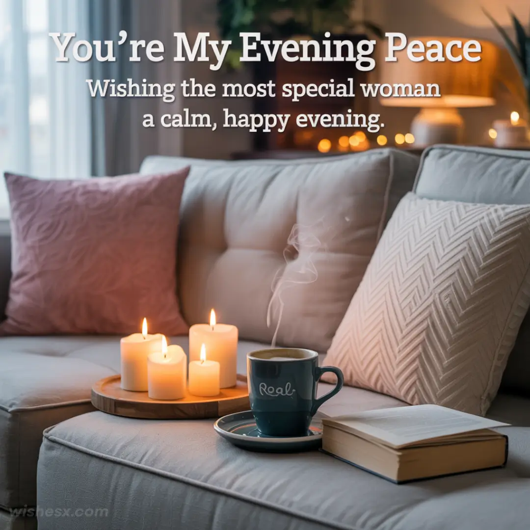 Cozy living room with lit candles on a tray, a steaming mug, and an open book on a cushion. Text reads: "You’re My Evening Peace." Calm, warm atmosphere.