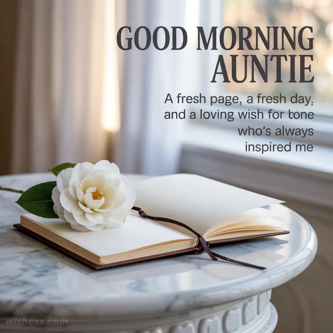 Open notebook on a marble table with a white flower. Sunlight filters through curtains. Text: "Good Morning Auntie" with a heartfelt message.