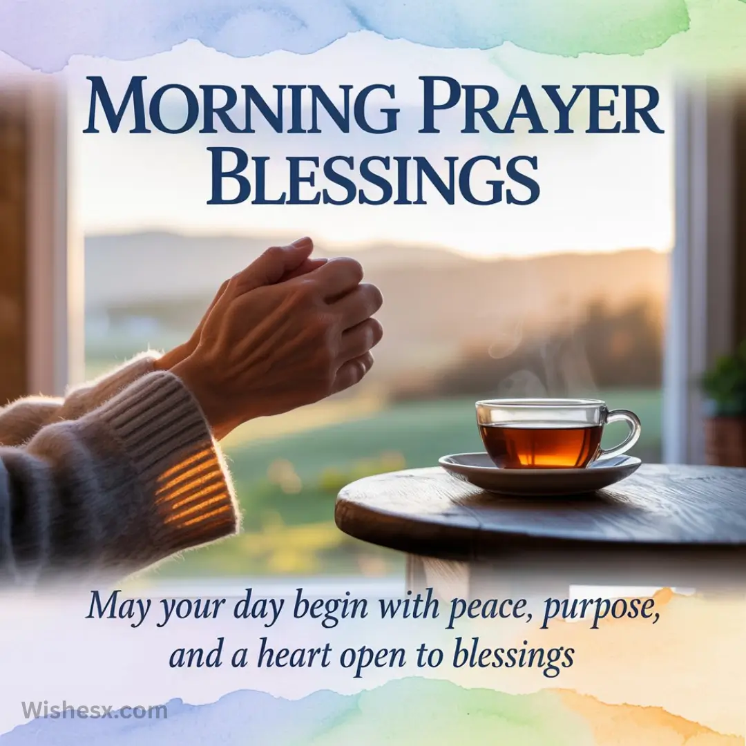 Cozy scene of hands clasped in prayer beside a steaming tea cup, with text "Morning Prayer Blessings." Serene sunrise view, warm, peaceful tone.