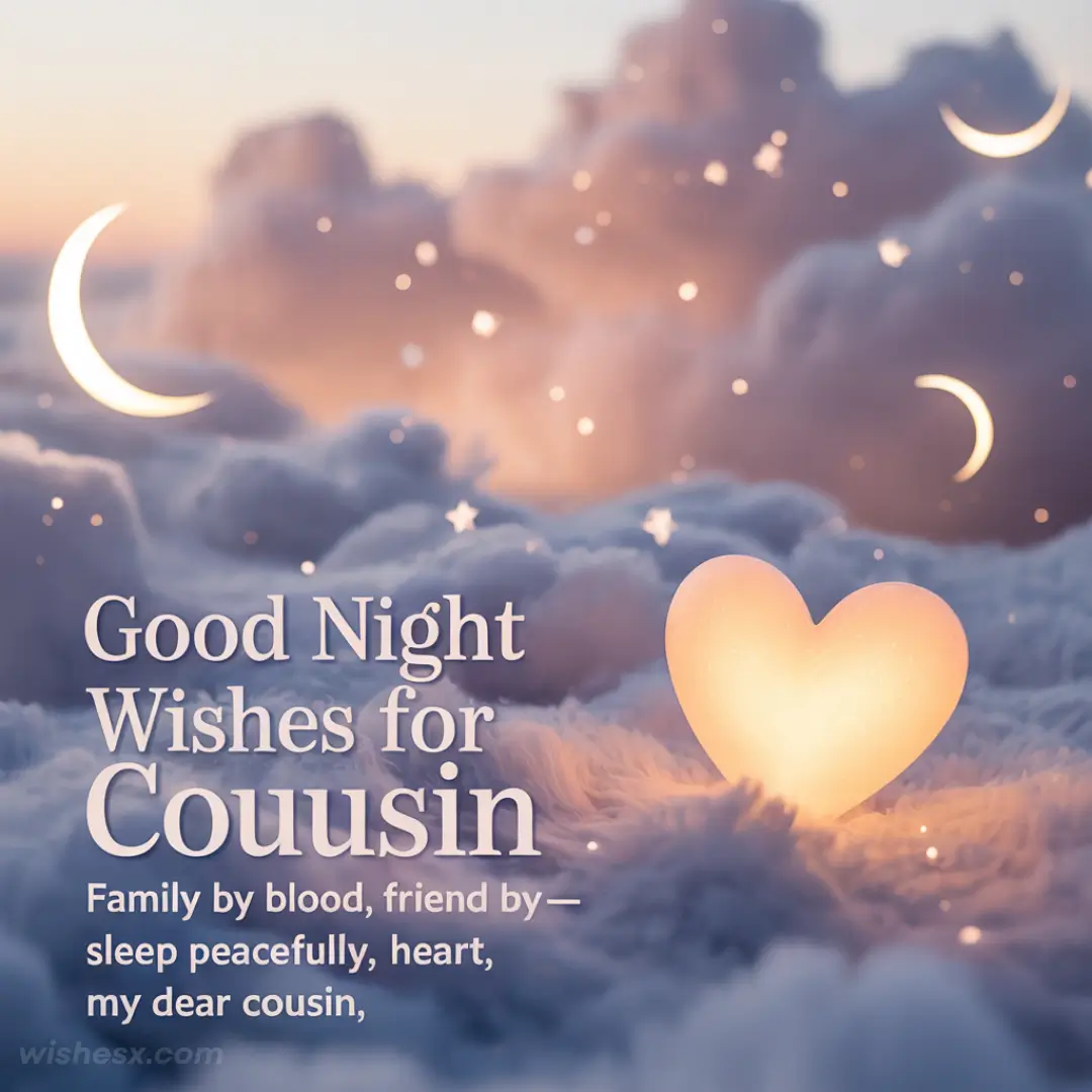 Heart-shaped light on fluffy clouds with crescent moons and stars; text reads "Good Night Wishes for Cousin." Dreamy and peaceful atmosphere.