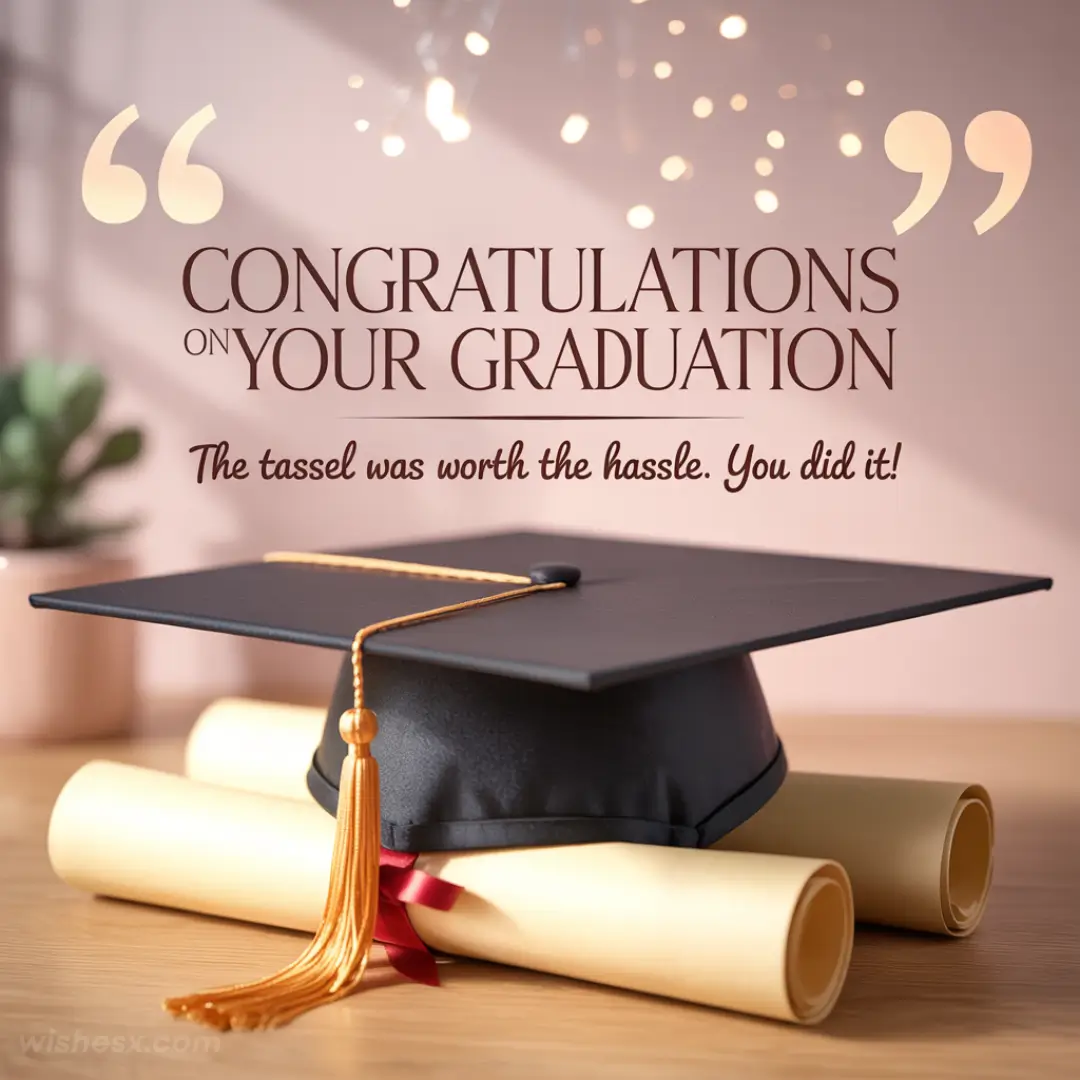Graduation cap with gold tassel atop diplomas on wooden table. Text: "Congratulations on your graduation. The tassel was worth the hassle." Festive mood.