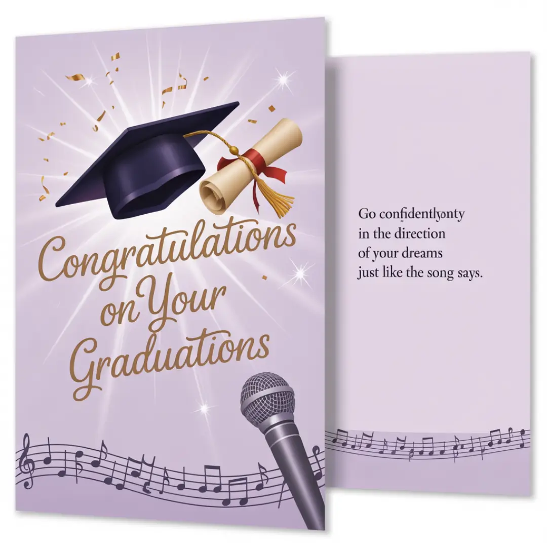 Graduation card with a cap, diploma, and confetti, saying "Congratulations on Your Graduation." Includes musical notes and a motivational message.