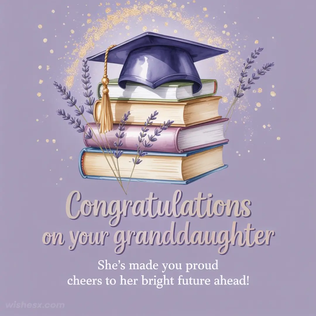 Violet graduation cap on books with lavender sprigs, set against a purple background with golden sparkles. Text: “Congratulations on your granddaughter.”