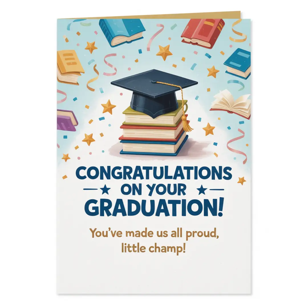 Graduation card with a stack of books topped by a graduation cap. Colorful books, stars, and confetti surround the text, "Congratulations on your graduation! You’ve made us all proud, little champ!"