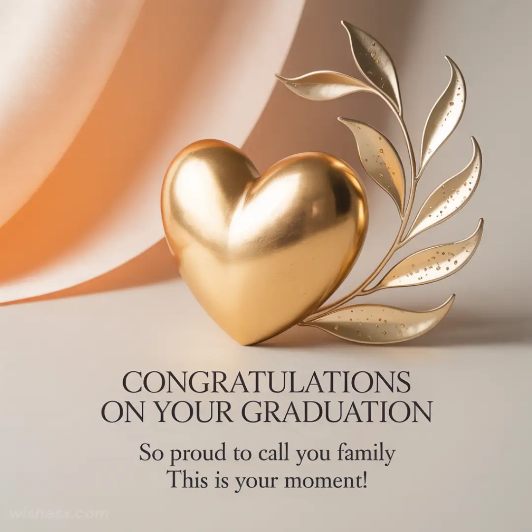 A smooth, golden heart with an elegant leaf design beside it against a soft, peachy background. Text reads "Congratulations on your graduation. So proud to call you family. This is your moment!"