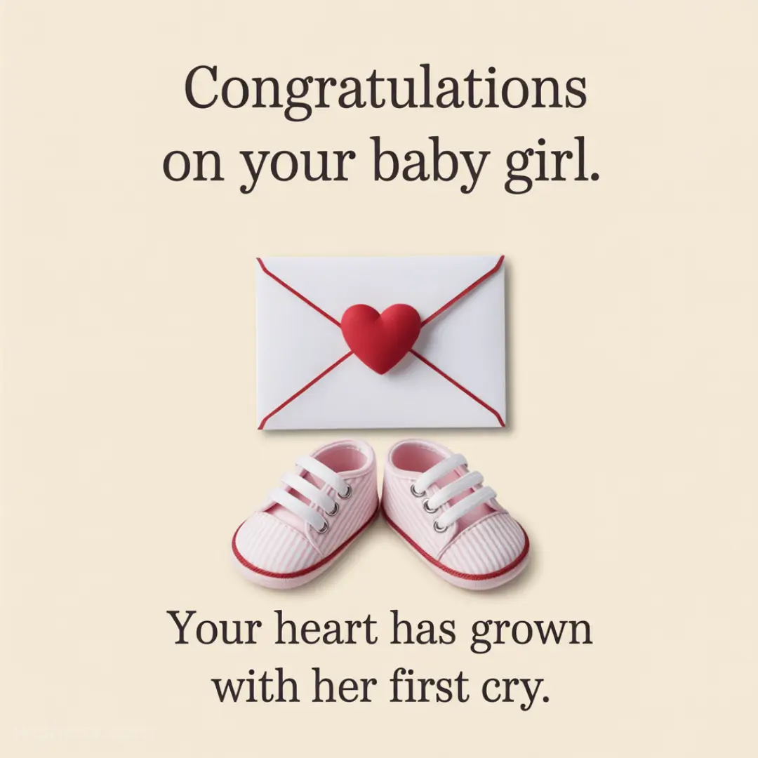 Congratulations card for the birth of a baby girl. Features pink baby shoes and an envelope with a red heart. Joyful and loving tone.