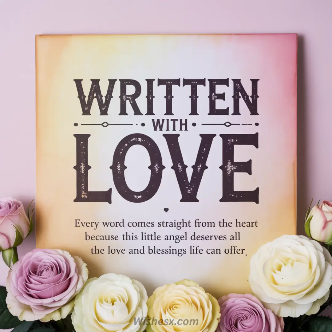 Decorative sign with "Written with Love" text, surrounded by pastel roses. Soft pink and yellow background adds a warm, heartfelt tone.