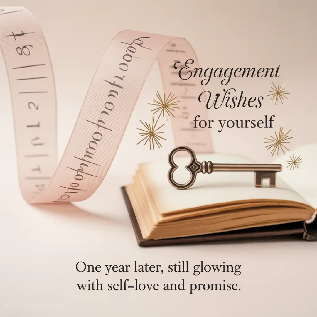 An open book with a decorative key on top, surrounded by a flowing ribbon marked with symbols. Text reads, “Engagement Wishes for yourself. One year later, still glowing with self-love and promise.” Golden star accents add elegance.