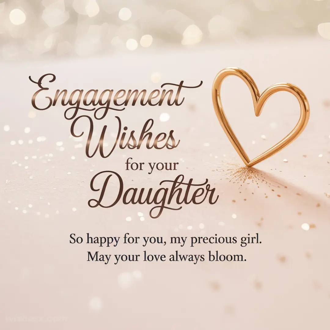 Engagement card with a golden heart on a sparkling surface. Text reads: "Engagement Wishes for your Daughter. So happy for you, my precious girl. May your love always bloom."