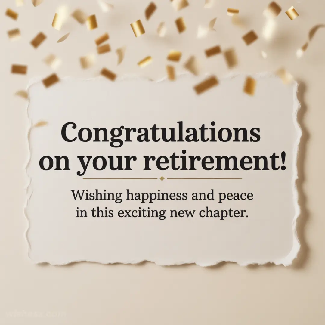 Celebratory image with golden confetti and the text, "Congratulations on your retirement! Wishing happiness and peace in this exciting new chapter."