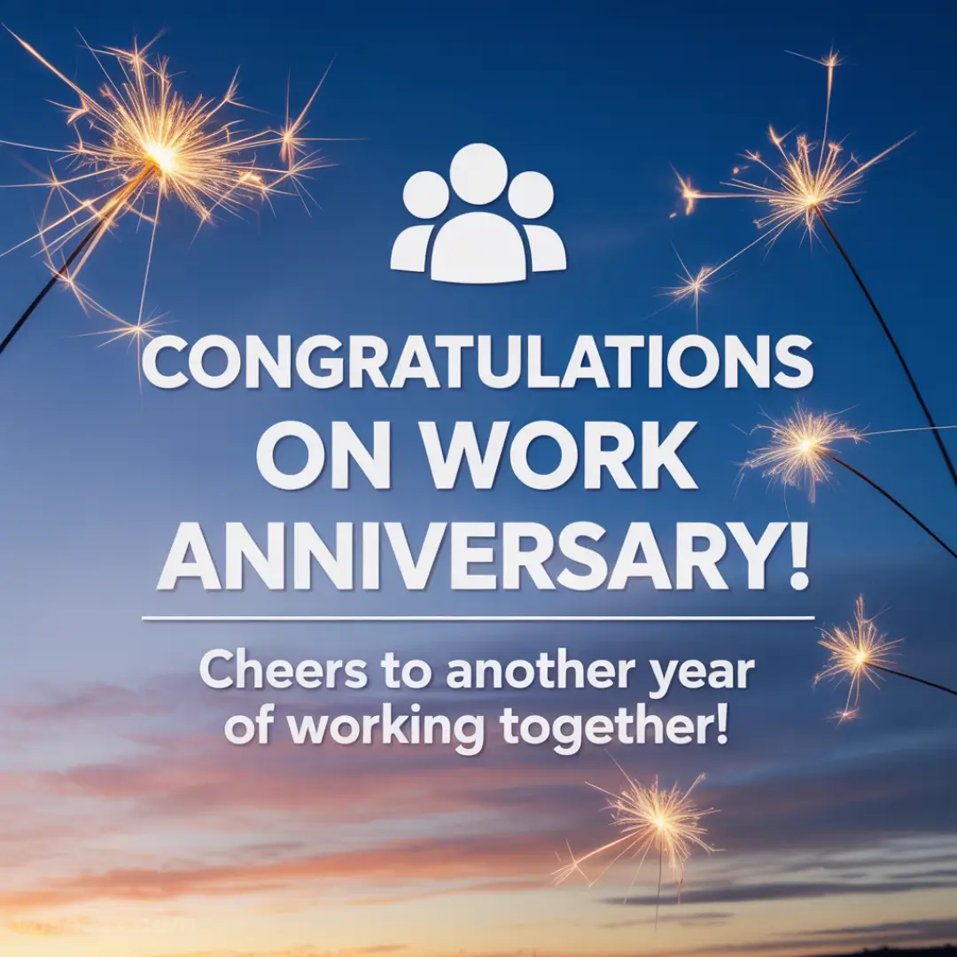 A sunset sky with sparklers and a group icon highlights text: "Congratulations on Work Anniversary! Cheers to another year of working together!"