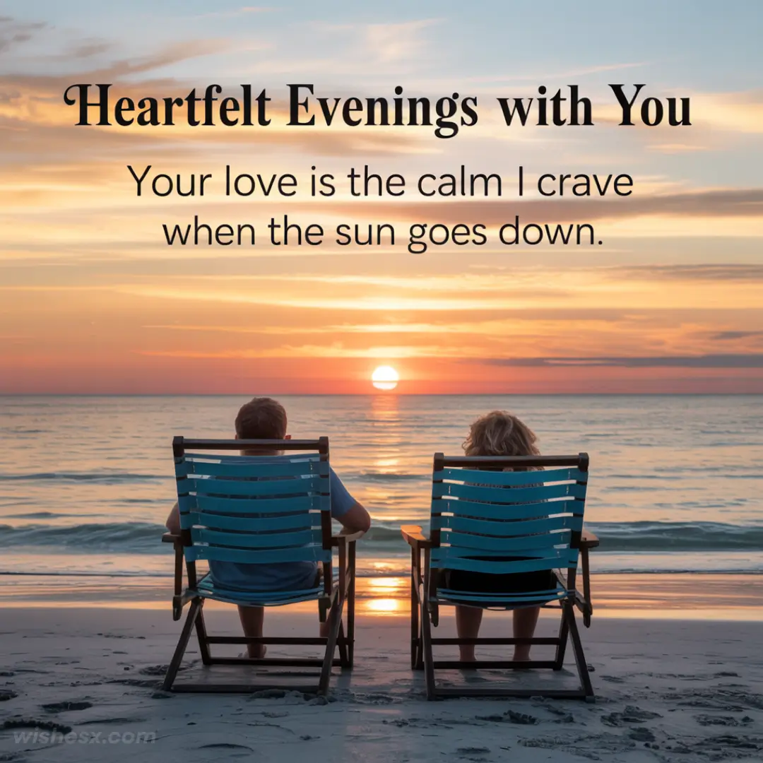Two people sit on beach chairs facing a serene sunset over the ocean. The warm glow reflects on the water. Text reads, "Heartfelt Evenings with You."