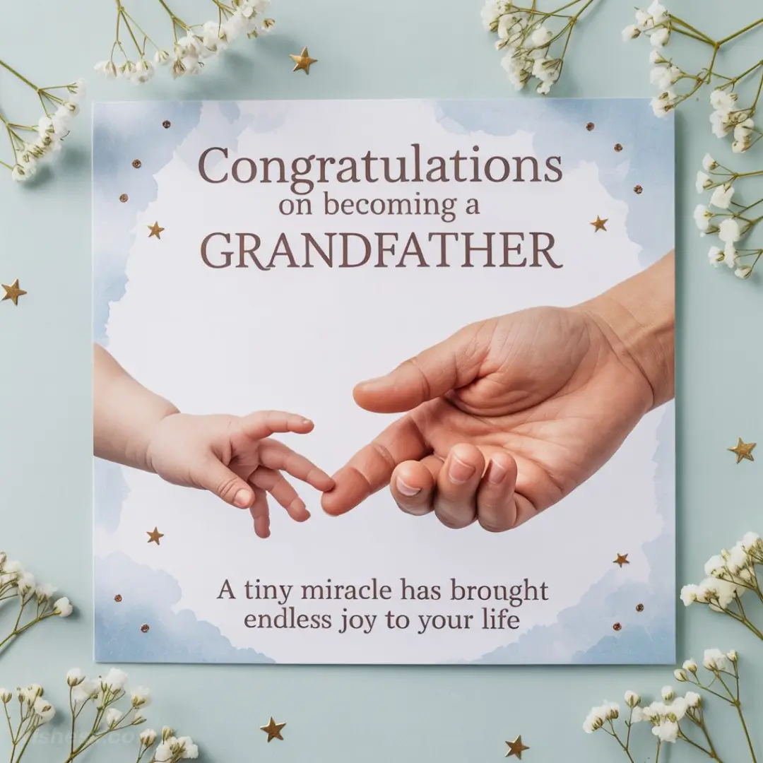 Congratulations card for becoming a grandfather, featuring a baby's hand reaching for an adult's finger. Surrounded by white flowers and gold stars.