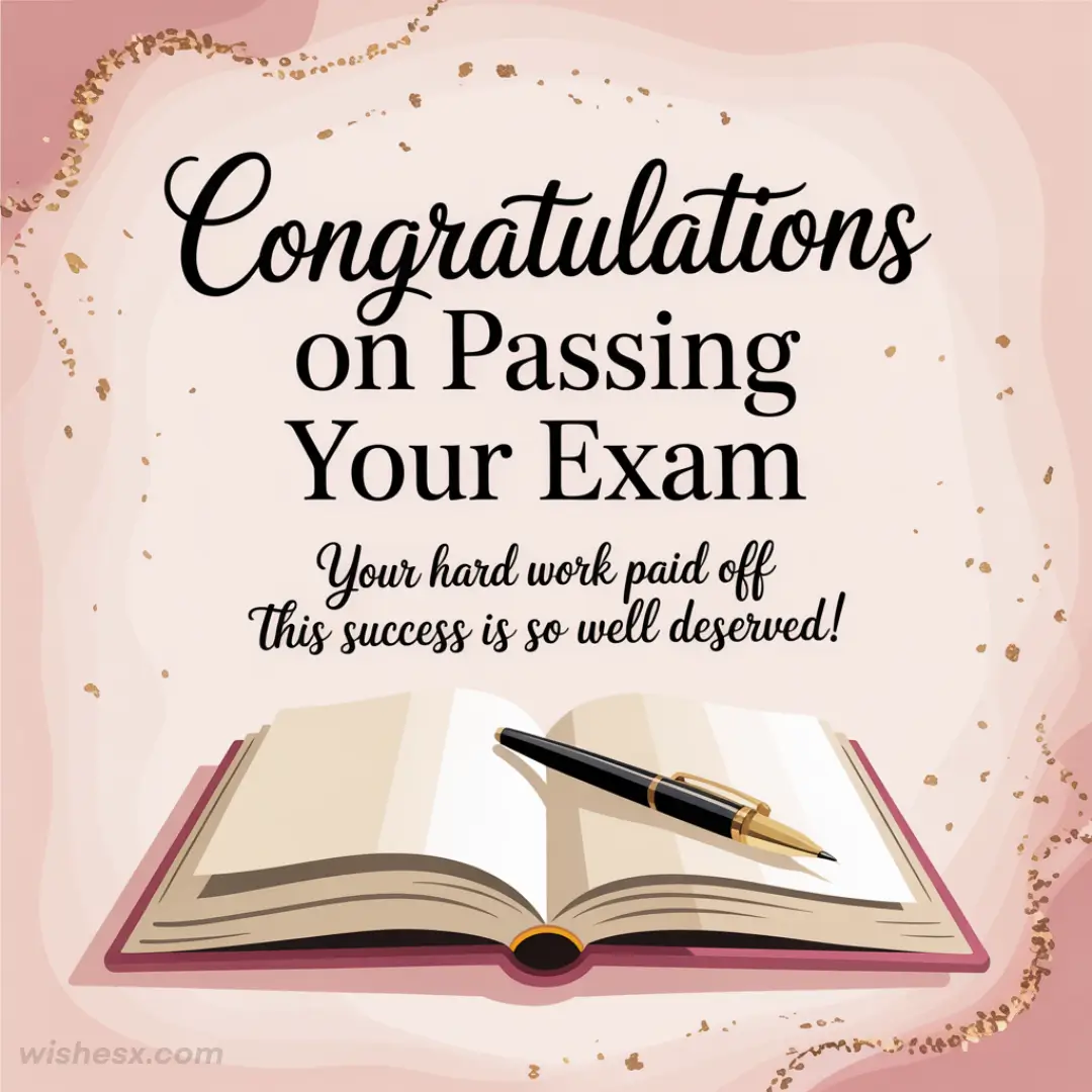 Open book and pen on pink background with gold sparkles. Text reads, "Congratulations on Passing Your Exam. Your hard work paid off. This success is so well deserved!"