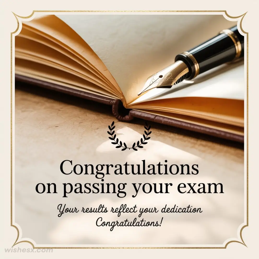 Open book and fountain pen on a textured surface with text: "Congratulations on passing your exam. Your results reflect your dedication." Elegant and celebratory tone.