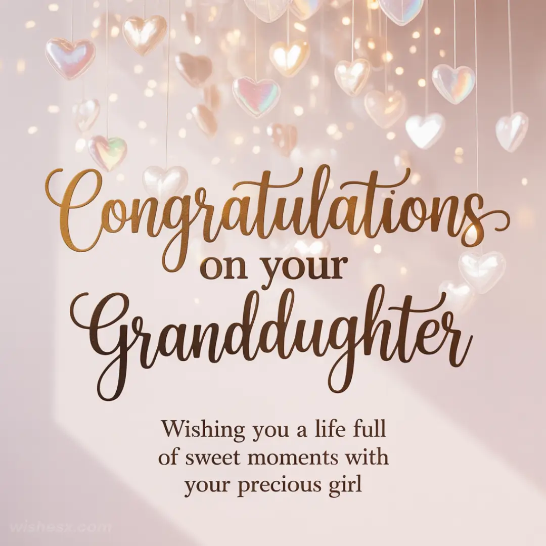 Congratulations card for a granddaughter, featuring elegant gold script on a soft pink background with glowing hanging heart decorations and warm lights.
