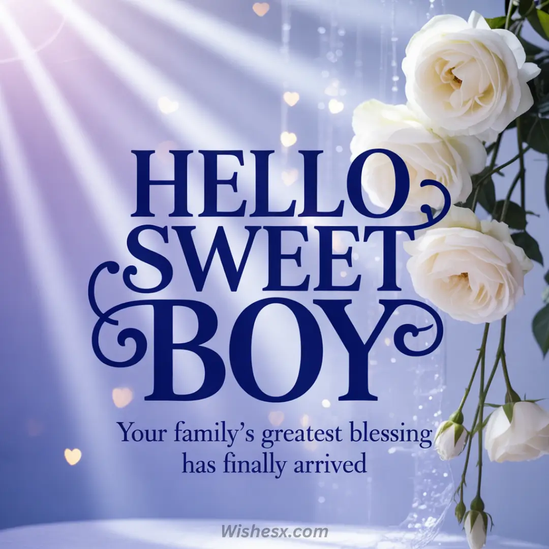 Text on a soft purple and white background says, "Hello Sweet Boy. Your family’s greatest blessing has finally arrived." White roses and heart bokeh add a joyful tone.
